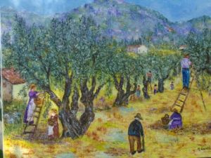 Peinture de Monique Laville: La cueillette des olives a ST JEANNET