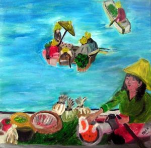 Peinture de joce: marché sur l'eau au camdboge