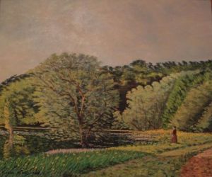 Peinture de Jacques Hebert: Lumière du soir au bord d'un étang