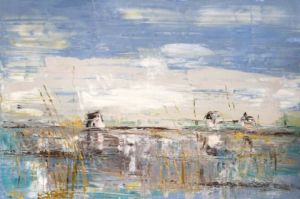 Peinture de Pierre BUCHEL: L'étang aux trois cabanes