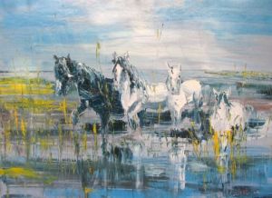 Peinture de Pierre BUCHEL: Chevaux au marais