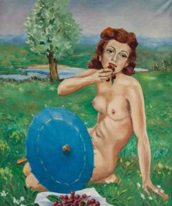Peinture de Daniel Blondeau: Nu à l'Ombrelle