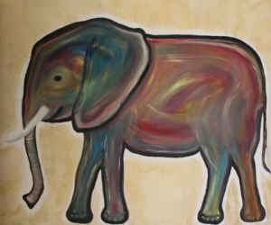 Peinture de Mimi Garnero : Eléphanteau multicouleur sur fond doré vieilli 