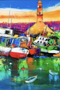 Peinture de philippe amagat: Vieux bateaux sous notre dame de Rocamadour 