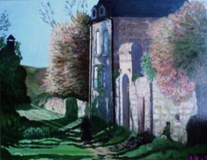 Peinture de claude LOTH: dame en noir devant les vieux murs en Périgord