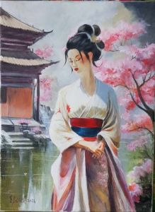 Peinture de EBOREL: Japonaise au bord du lac 