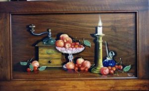 Peinture de Sylviane PETIT: Moulin à café au bougeoir et encrier