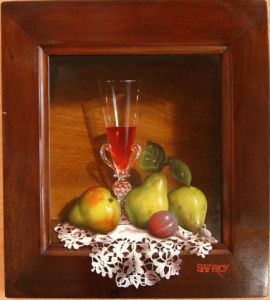Peinture de Luc Saffroy: poires au vin