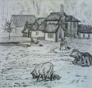 Dessin de Ln henry: ferme Normande de M Antoinette du parc Versailles