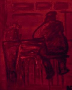 Peinture de Robert Soret: homme assis bar bordeau fonce