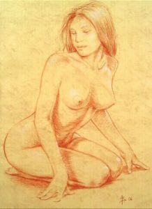 Dessin de Alain Barat: Femme en appui sur les mains