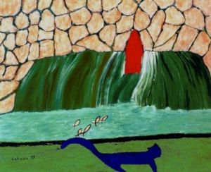 Peinture de Michel-Philippe Lehaire: La Fontaine au Chat Bleu