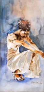 Peinture de Thaline : Jeune fille accroupie 