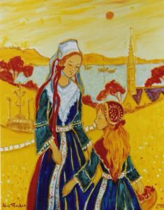 Peinture de EMILE ROCHER: Jeunes Filles de Plougastel au panier de fraises