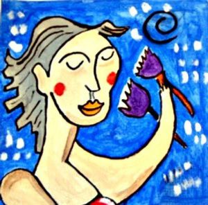 Peinture de Philippe FLAUTRE: FEMME AUX DEUX FLEURS