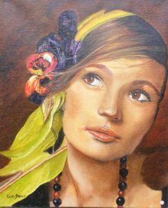 Peinture de Edith Bleu: Jeune fille a l'echarpe verte