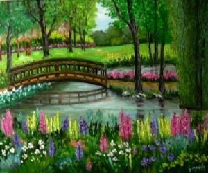 Peinture de DARRIEUX: Paysage au vieux pont de bois