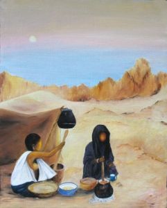 Peinture de chapska: femmes touareg à la cuisine