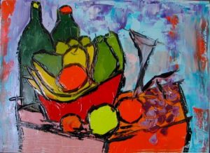 Peinture de JIEL: LA COUPE AUX FRUITS AVEC BOUTEILLES DE VIN ET CIDRE