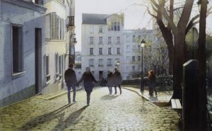 Peinture de Thierry Duval: Soleil couchant sur les pavés de Montmartre