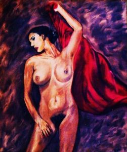 Peinture de christian thiefaine: camelia au drape rouge