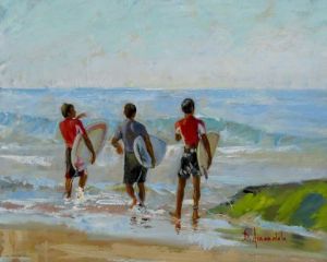 Peinture de Dominique  Amendola : Les trois jeunes surfers