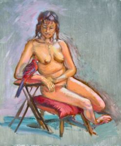 Peinture de Dominique  Amendola : Nu avec un perroquet