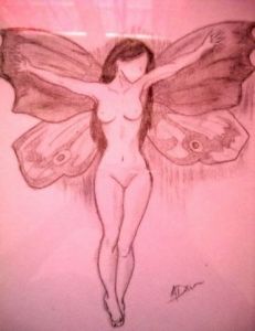 Dessin de Amandine: femme papillon n/b