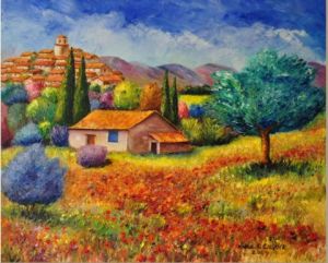 Peinture de marc LEJEUNE: champ de coquelicots