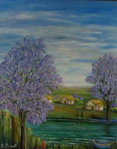 Peinture de Brigitte PERRAULT: LE VILLAGE DE PECHEURS ET JACARANDAS