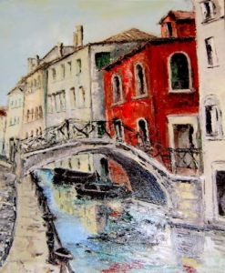 Peinture de MARIE-THERESE VION: Pont à Venise devant la maison rouge