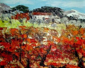 Peinture de MARIE-THERESE VION: vignes en automne dans le lubéron