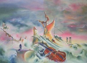 Peinture de jacques darphin: Contre basse s'étant jeté à l'eau après avoir joué l'Adagio d'Albinoni