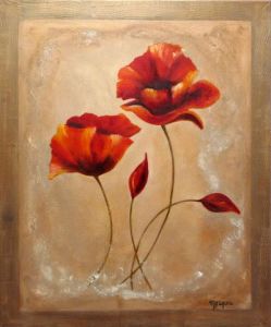 Peinture de MARTINE GREGOIRE: COQUELICOTS ROUGES au cadre doré