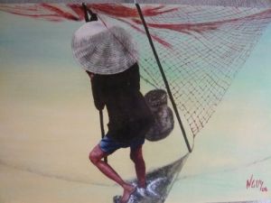 Peinture de gilbert nguyen thanh: pecheur a pied