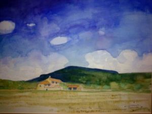Peinture de Laurence Guillon: Ferme par jour de mistral