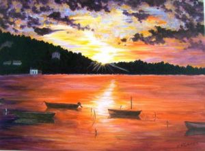 Peinture de Catherine James: Coucher de soleil sur l'étang de Gruissan