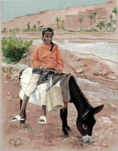 Peinture de ALAIN PESTOURIE: Aicha et son âne