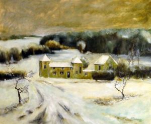 Peinture de alain deschamps: La Ferme de la Grâce sous la neige .