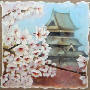 Peinture de MARTINE GREGOIRE: PAGODE ET FLEURS DE CERISIER