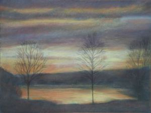 Dessin de Jacqueline DARDEL-KORMANN: Coucher de soleil sur le Lac des Taillères 1