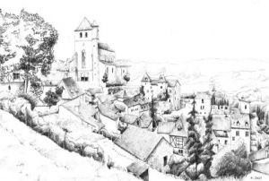 Dessin de N Jolly: Saint-Cirq-Lapopie