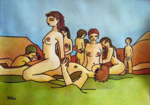 Peinture de Bruno Guillaume: bien être au parc