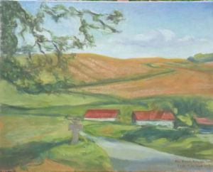 Peinture de Etsuko Migii: Paysage d'une croix en pierre, la croix St.Geneviève de BIonval, 27 Ecos, Eure