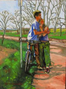 Peinture de Dominique  Amendola : Amants serrés contre une bicyclette