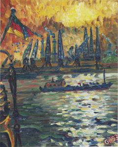 Peinture de Gerard SERVAIS: Soleil couchant sur Rotterdam
