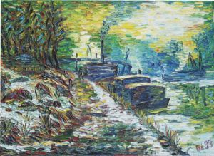 Peinture de Gerard SERVAIS: Les péniches à vapeur en hiver