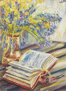 Peinture de Gerard SERVAIS: Jacinthes des bois, livre et pipe