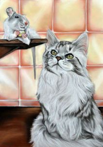 Dessin de Helene Roux: Maine coon et rat