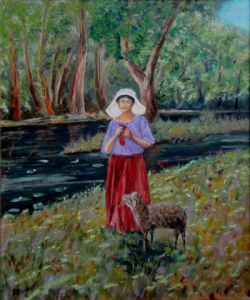 Peinture de PASCAL BAUDOT: La bergère au tricot
